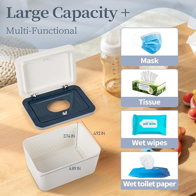 Baby Wipes Dispenser, One-Handed Operation Wipes Container, Baby Wipes Holder with Non-Slip Base, Keeps Wipes Fresh, Easy to Open, Fits Adults & Babies (Dark Blue)