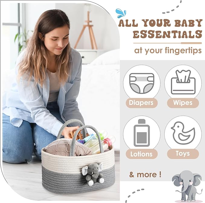 FoldTier Elephant Diaper Caddy Organizer Elephant Cart Storage for Nursery with Handle Baby Shower Basket Gift Baby Bath Caddy for Diapers Wipes Basket for Nursery(X-Large)