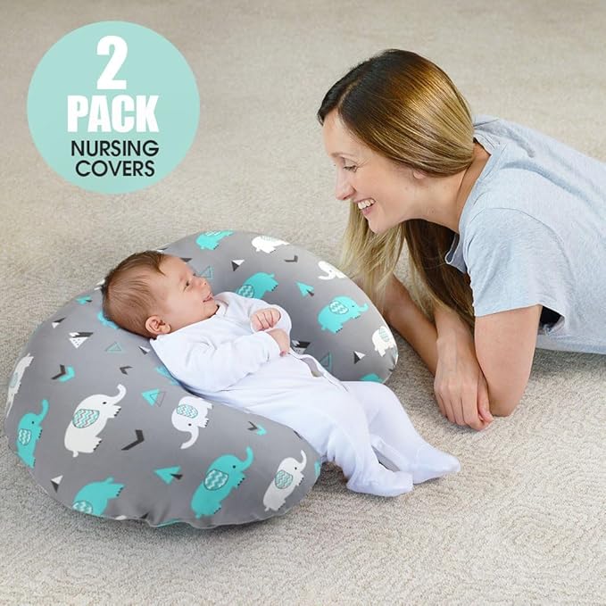 BROLEX Baby Nursing Pillow Covers: 2-Pack Soft Slipcovers for Breastfeeding Pillows - Comfortable Fabric, Fits Standard Nursing Pillows for Boys & Girls - Elephant Whale