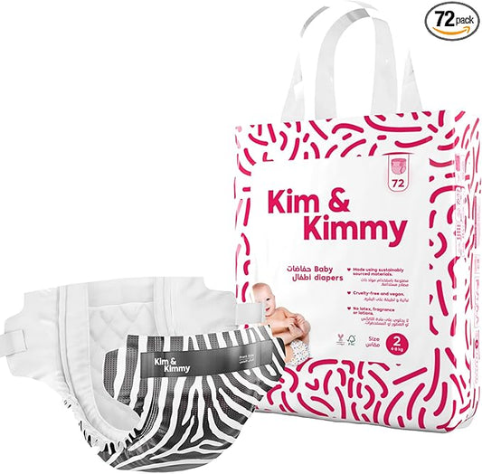 Kim & Kimmy Eco Diapers, Size 2, 9-18 lbs, 72 Diapers - 12 Hour Leak Protection, No Rashes, Hypoallergenic, Ultra-Soft & Highly Absorbent - Cruelty Free & Vegan - Zebra