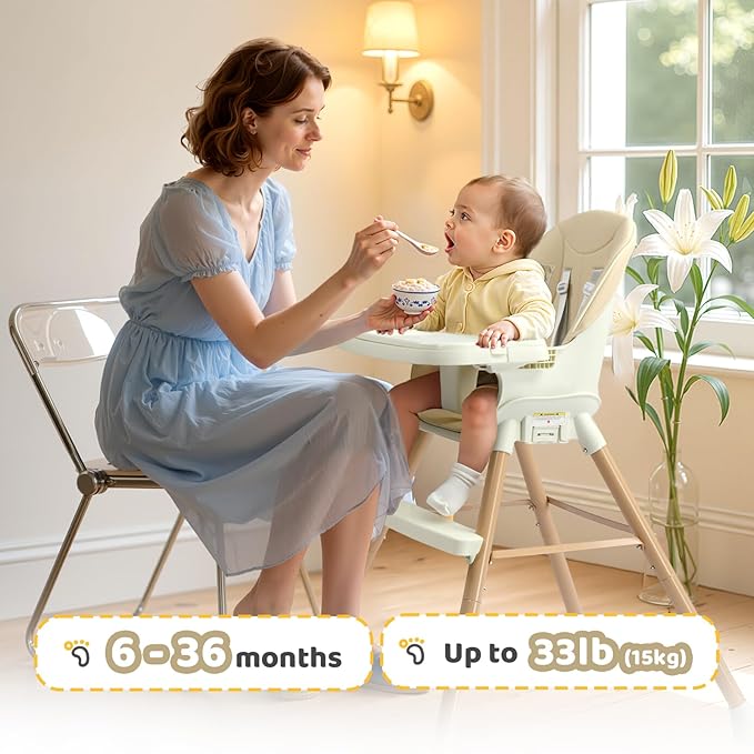 JOYMOR 5 in 1 Convertible Baby High Chair, Highchair for Babies and Toddlers, Easy Clean, Infant Highchair with Removable Double Tray & 5-Point Harness (Beige)