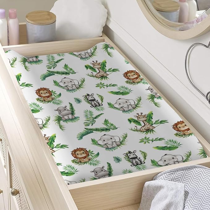 Baby Jungle Safari Animals Tropical Leaves Changing Pad Covers Elephant Giraffe Zebra Lion Hippo Diaper Change Table Sheets for Girls Boys Soft Stretchy Snug Fitted Changing Mats Cover 32''x16''