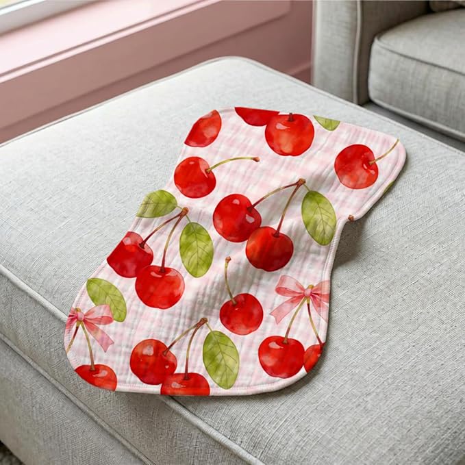 5 Pack Baby Burp Cloths, Soft Cotton Sweet Cherry Theme Burp Cloths, Super Absorbent Cute Fruit Orchard & Gingham Print Washcloths, Newborn Baby Girl Essentials Gift Set