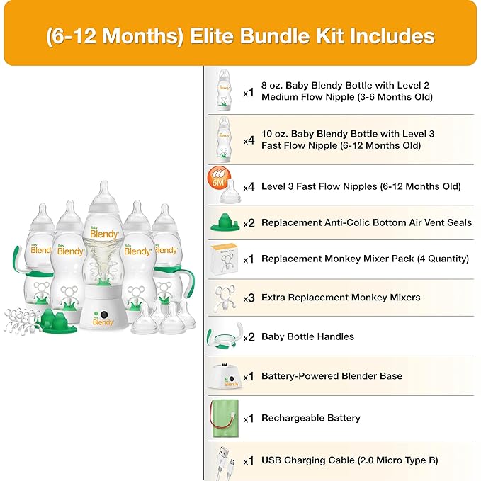 Baby Bottles - Best Infant to Toddler Milk Feeding Containers with Anti-Colic | Air Vent System - with Blender Mixer for Babies Newborns Infants Toddlers | (6-12 Months) Elite Bundle