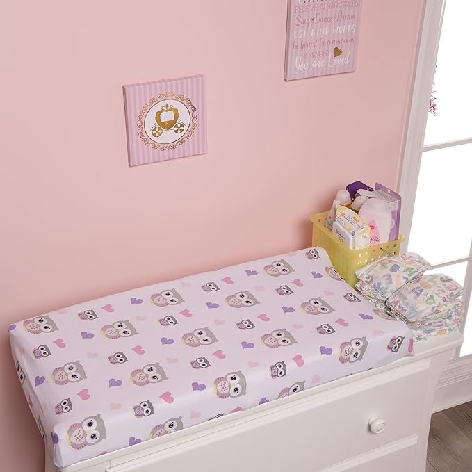EVERYDAY KIDS 2 Pack Baby Changing Pad Covers for Baby Girl – Fits Most Changing Table Pads; 100% Cotton Jersey Knit, Breathable, Soft Changing Table Topper – Pink, Purple Owls and Pink, White Stars