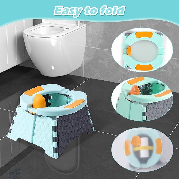 Travel Potty for Toddlers, Portable Potty Chair with Bag & 30 Pouches - Kids Toilet for Car, Camping, Indoor Outdoor - Splash-Proof Design, Easy Clean Training Seat (Blue)
