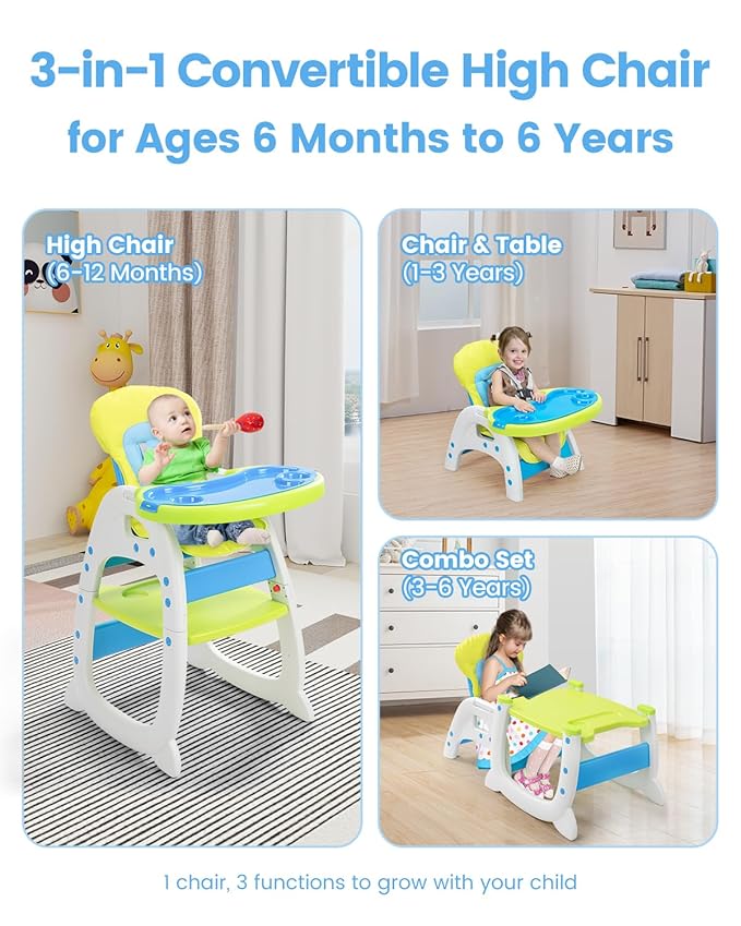 Baby High Chair,3 in 1 High Chairs for Babies and Toddlers, Convertible Toddler Highchair, Adjustable Infant Feeding Chair for Boy & Girl, Easy Clean Baby Eating Chair for 6 Months and Up
