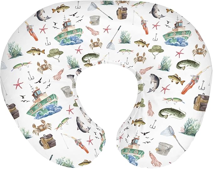 Gone Fishing Baby Nursing Pillow Covers for Boy Girl Ocean Boats Fishes Crabs Seaweed Nursing Pillowcase for Breastfeeding Pillows Fishing Lovers Gift Soft Stretchy Slipcovers for Newborn Infant
