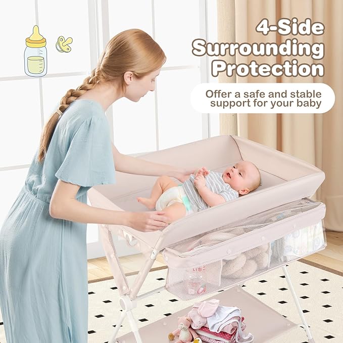 HONEY JOY Changing Table, Folding Mobile Nursery Organizer w/Wheels, Adjustable Height, Storage Bag & Open Shelf, Portable Diaper Changing Station for Newborn Infant (Beige, 32"x26"x39.5")