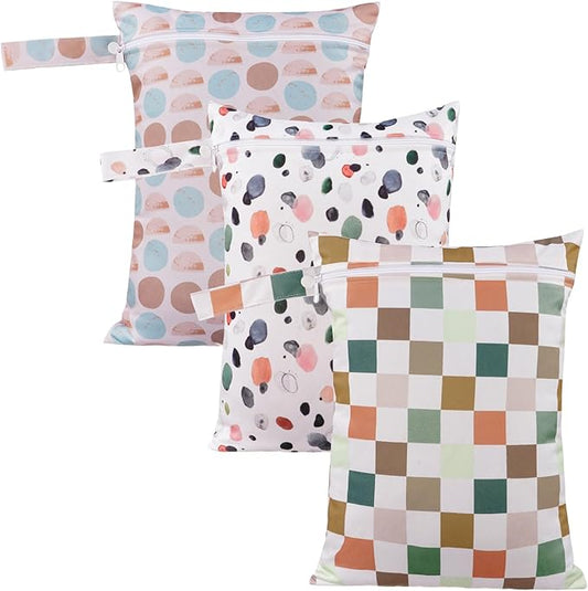 Happy Flute 3 Set Wet Bag Storage Bag Zipper Waterproof Washable Travel Bags, Beach, Pool, Gym Bag for Cloth Diaper, Swimsuits & Wet Clothes for Baby,11.8x15.7inch(Lattice)