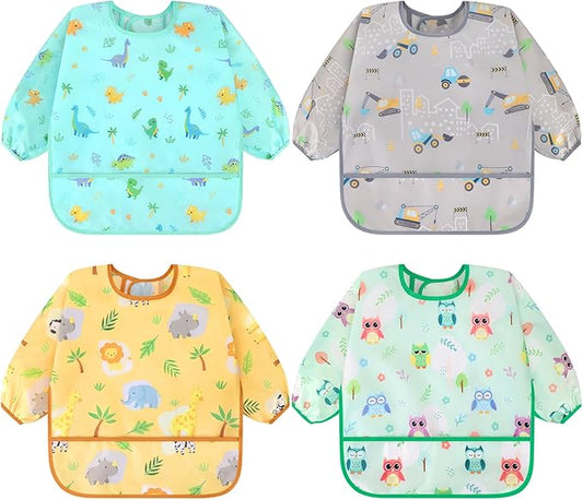 Accmor 4 Pack Long Sleeve Bibs, Baby Smock Waterproof Sleeved Bib Smock for Baby Toddler 6-36 Months
