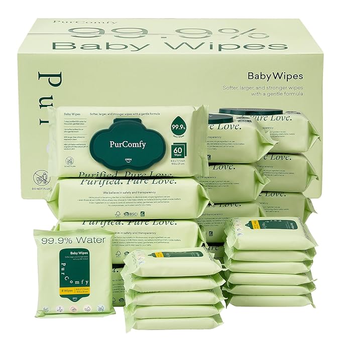PurComfy Baby Wipes Unscented, 12 Flip-Top Packs + 12 Travel Pack Baby Wipes with Plant Based, Hypoallergenic for Sensitive Newborn Skin, Total 816 Count Wipes
