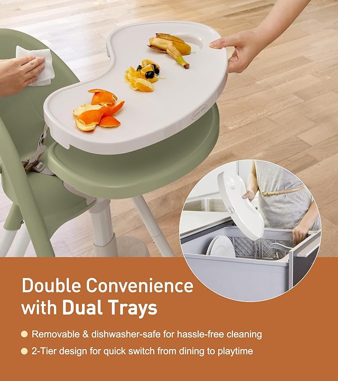 Mallify Foldable High Chair, Space-Saving Portable Baby High Chair with Removable Double Tray, Modern Convertible Baby Feeding Chair, Lightweight, Easy to Clean, Green
