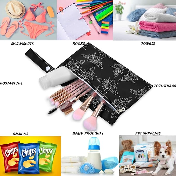 visesunny Black Bee Doodle 2Pcs Wet Bag with Zippered Pockets Washable Reusable Roomy for Travel,Beach,Pool,Daycare,Stroller,Diapers,Dirty Gym Clothes, Wet Swimsuits, Toiletries
