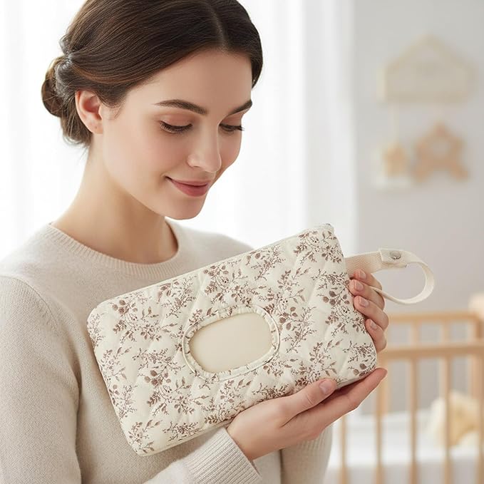 Quilted Baby Wipe Holder, Canvas Floral Quilted Pouch with Hanging Strap, Portable Diaper Wipe Holder for Travel Stroller-Beige