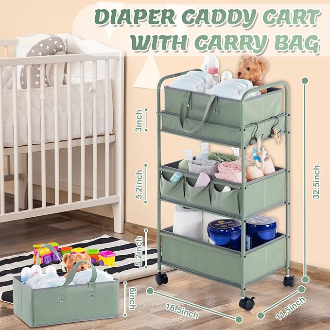Honeydak 2in1 Baby Diaper Caddy Organizer Cart 3 Tier Large Capacity Metal Utility Bedside Rolling Cart with Divider Newborn Registry Nursery Essential Must Have Crib Bedroom Baby Shower(Green)