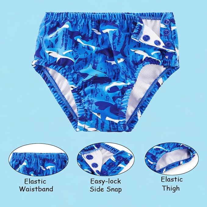 Baby Swim Diapers Reusable Washable Infant Diaper Swimsuit with Side Snap UPF 50+ Sun Protection for Pool Beach(0-6 Months,Sharks)