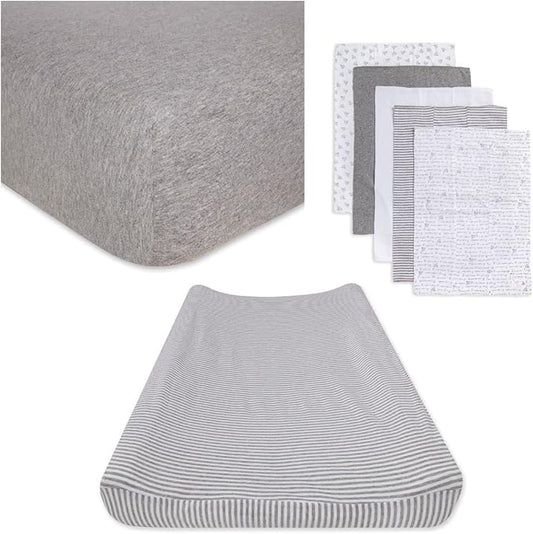 Burt's Bees Baby Unisex Baby Gift Set - Crib Sheet, Changing Pad Cover & Burp Cloths, 100% Organic Cotton Essentials Bundle