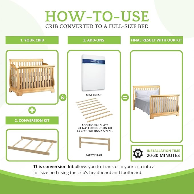 Full-Size Conversion Kit Bed Rails Compatible with Simmons Kids Convertible Cribs by Delta Children - Solid Wood - Toddler Adult Bed Rail for Full-Size - Nursery Furniture (Unfinished, HOOK-ON KIT)