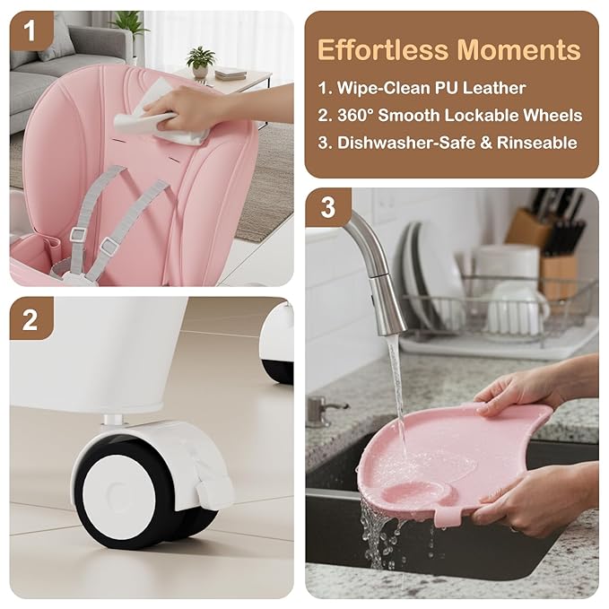 3-in-1 High Chairs for Babies and Toddlers, Foldable Baby High Chair with Rocking Mode, 5 Height Levels, Adjustable Backrest & Footrest, Lockable Wheels (Pink)