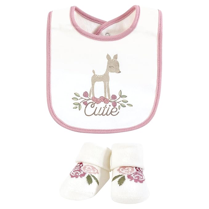 Hudson Baby Infant Girl Cotton Bib and Sock Set, Fawn Cutie, One Size