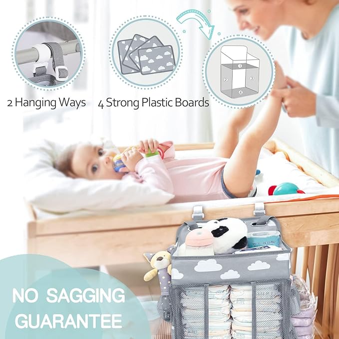 Baby Diaper Caddy Organizer, Multi-Compartment Nursery Baby Diaper Caddy with Adjustable Straps, Portable Hanging Diaper Stacker for Stroller, Car, Travel, Nursery (Grey)