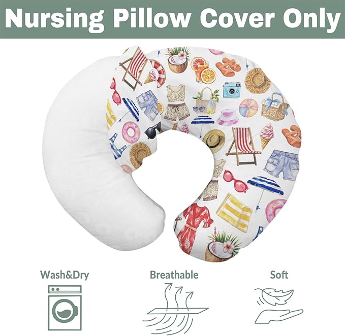 Watercolor Girl Beach Days Baby Nursing Pillow Covers for Boy Girl Summer Seaside Nursing Pillow Slipcovers for Breastfeeding Pillows Beach Vacation Holiday Soft Stretchy Cover for Newborn Infant