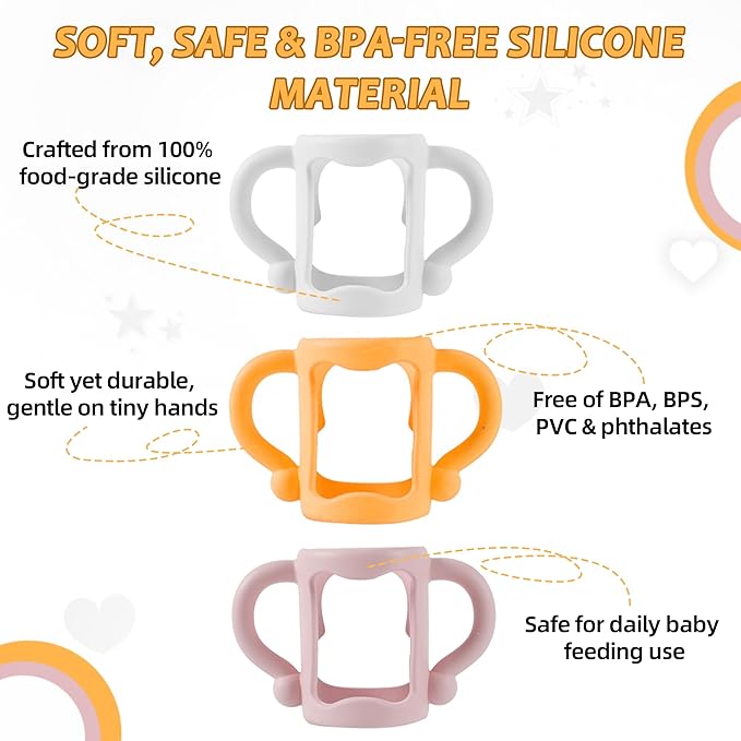 (3-Pack) Bottle Handles for Dr Brown Baby Bottles with Easy Grip Handles to Hold Their Own Bottle - BPA-Free Soft Silicone (White Pink Orange)