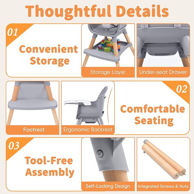 Babyliebe Baby High Chair, 8 in 1 Convertible Wooden High Chair for Babies and Toddlers, Converts to Booster Seat, Toddler Chair & Stool, with Removable Double Tray, Adjustable Legs & Footrest (Gray)