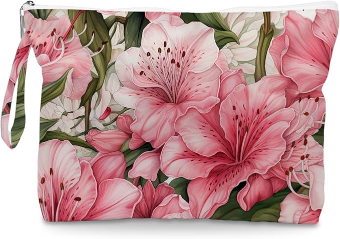 Fokongna Floral Print Wet Bag, Small Portable Waterproof Multi-Functional Organizer for Women, Pink Lilies, Ideal for Daily, Beach & Travel