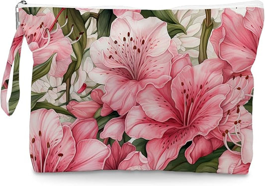 Fokongna Floral Print Wet Bag, Small Portable Waterproof Multi-Functional Organizer for Women, Pink Lilies, Ideal for Daily, Beach & Travel