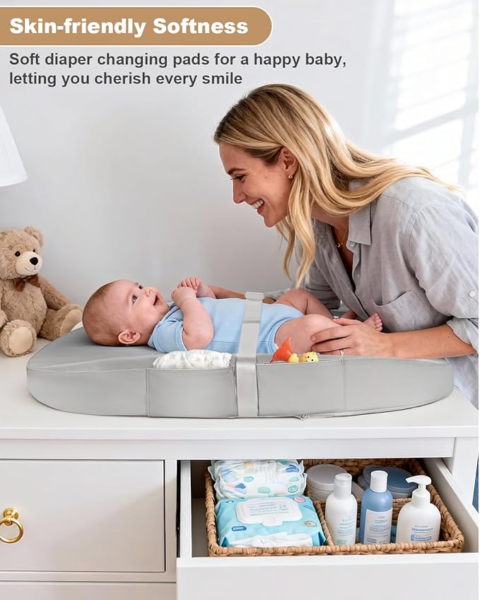 Baby Changing Pad with Waterproof & Wipeable PU Cover, Contoured Diaper Changing Pads for Dresser with Non-Slip Safety Belt, Portable Lightweight Changing Mat, Gray
