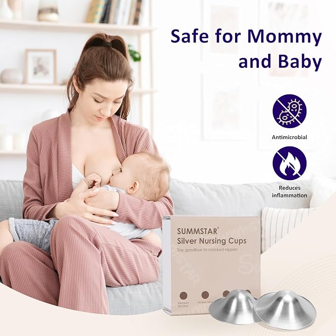 Original Silver Nursing Cups, 2 Pack Soothies Shields for Breastfeeding Newborn, Essentials, 100% Natural Safe Material for Nipple Protect and Soothe, 1 Pair Silver Shield - L