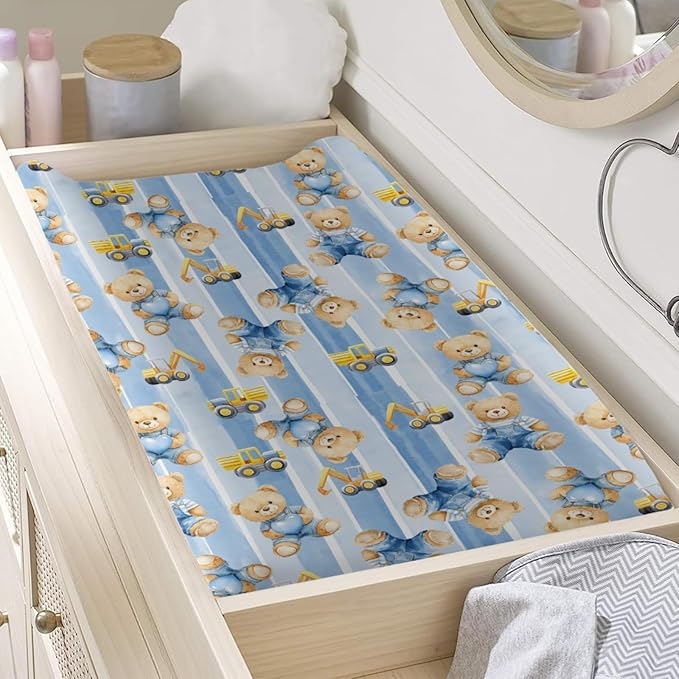 Cute Cartoon Bear Heats Construction Trucks Car Stripes Baby Changing Pad Cover, Unisex Bear Nursery Diaper Changing Table Pad Mat Sheet for Boys Girls-16x32
