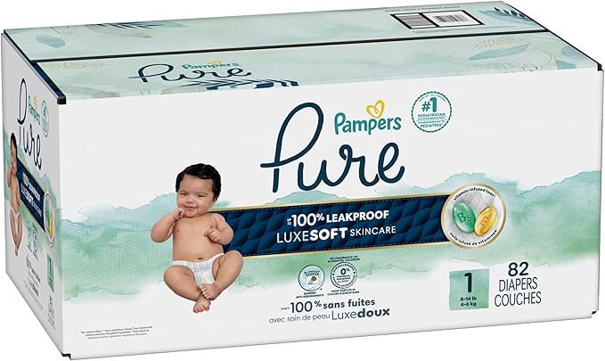 Pampers Pure Baby Diapers, Size 1 (8-14 lbs), 82, Up to 100% Leakproof, Premium Hypoallergenic Soft Diapers
