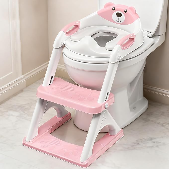 Potty Training Seat with Step Stool Ladder, Toddler Toilet Seat for Boys Girls, Adjustable 6 Heights Fits Round & Elongated Toilets, Anti-Slip Pads & Leak-Proof Guard