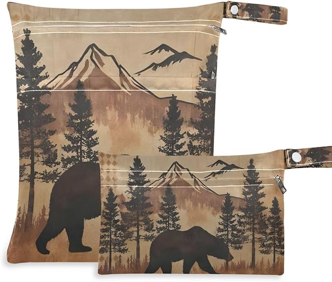 Retro Forest Bear 2 Pack Cloth Diaper Wet Dry Bags,Waterproof Wet Bag for Baby,Travel, Beach, Pool, Diapers, Dirty Yoga Gym Clothes