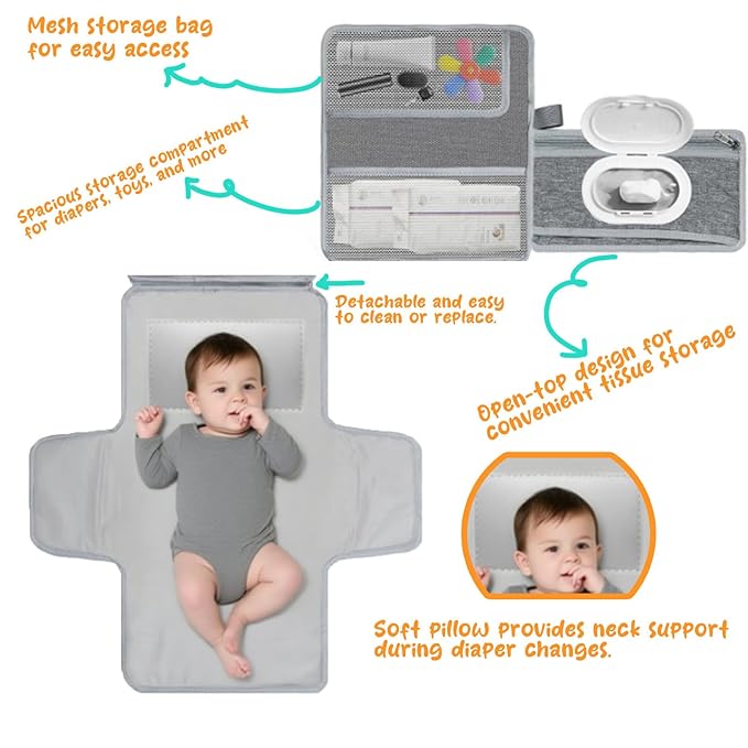 Portable Diaper Changing Pad for Baby - Waterproof Travel Changing Mat with Wipe Dispenser Pocket & Stroller Straps | Baby Registry Must Haves, Newborn Essentials & Baby Gift for Girls and Boys (Blue)