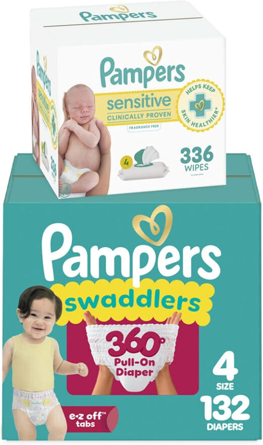 Pampers Swaddlers 360 Pull-On Diapers, Size 4, 132 Count, with Sensitive Baby Wipes, 4 Flip-Top Packs (336 Wipes Total) [Packaging May Vary]