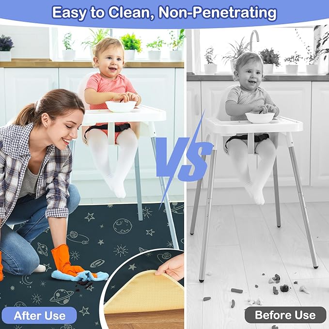 Basumee Splat Mat High Chair Mat Waterproof Baby Play Splat Mat for Under High Chair Food Catcher Highchair Mat for Floor Non Slip Bottom, Dark Blue Space, 46x42 Inches