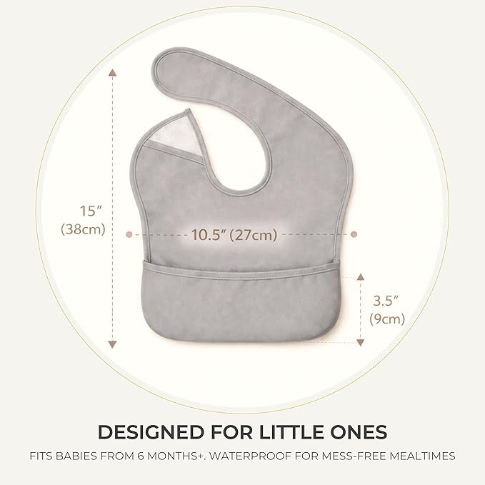 Waterproof Baby Bibs for Eating 3-Pack | Toddler Bibs with Food Catcher | Machine Washable Bibs, Lightweight | Toddlers 6-36 Month, CPSIA Tested, Dinosaur Animal Design (Cream White Beige)