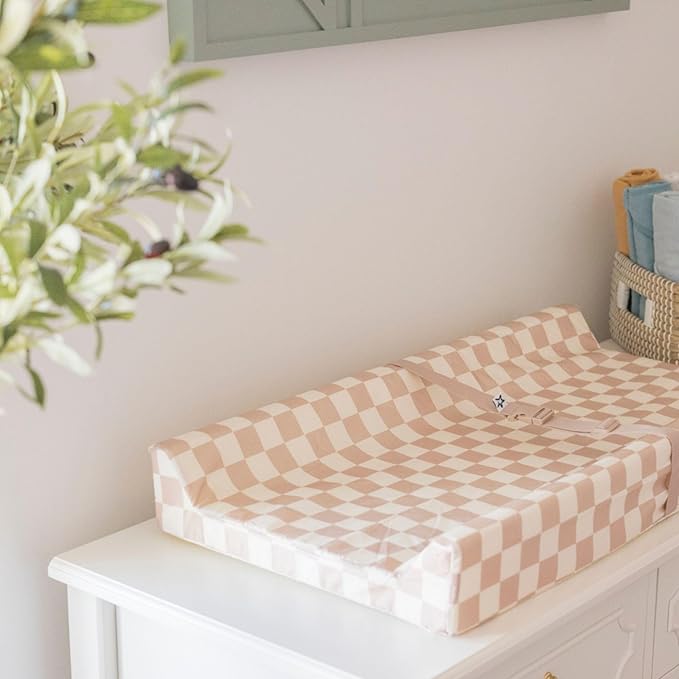 Tiny Twinkle Diaper Changing Pad for Dresser & Nursery Table – Waterproof, Wipeable & Mess-Proof Baby Changing Pad with Safety Strap, Non-Slip Base & Removable Washable Cover(Beige Checkers)