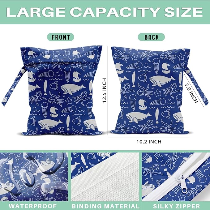 Whale Wet Dry Bags for Diaper Waterproof Swimsuit Washable Reusable Bag for Beach Diapers Dirty Yoga Gym Clothes Plant Gifts for Men Baby Friend Women