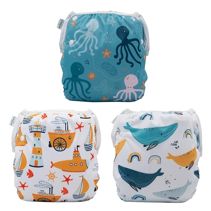 Babygoal Baby Swim Diapers 3 Pack for 0-8 Months Infant Girls and Boys, Reusable Adjustable Washable for Swimming Lessons-Shark & Octopus