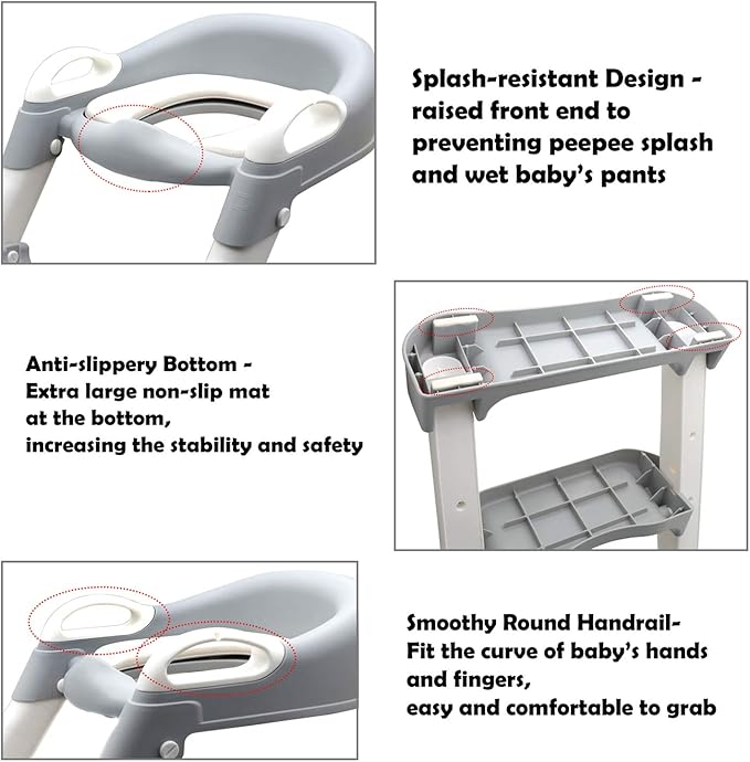 Classic Potty Training Toilet Ladder Seat With Upgraded Cushion Step Stool Ladder Toilet Trainer for Baby Toddler Kids Children In Gray [P/N: ET-BABY002-GRAY-C]