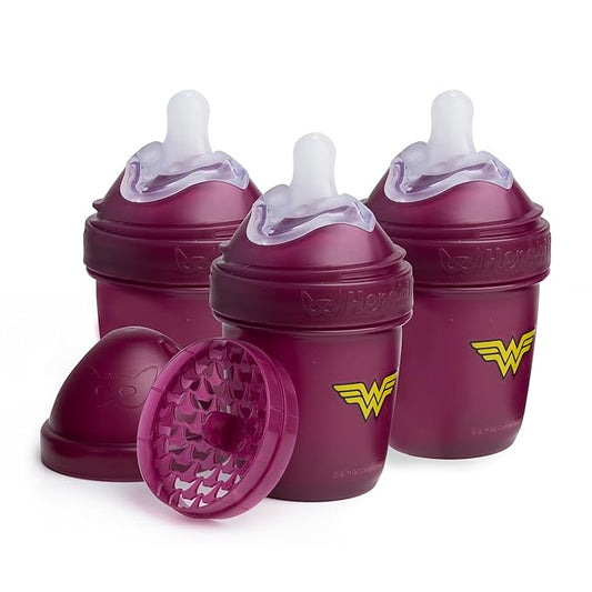 Herobility Anti-Colic Baby Bottles 5 oz / 140 ml – Pack of 3 Newborn Baby Bottles, Slow Flow Plastic Bottles, Breast-Shaped Teat for Breastfed Babies, Small Baby Bottles, Swedish Design, Wonder Woman