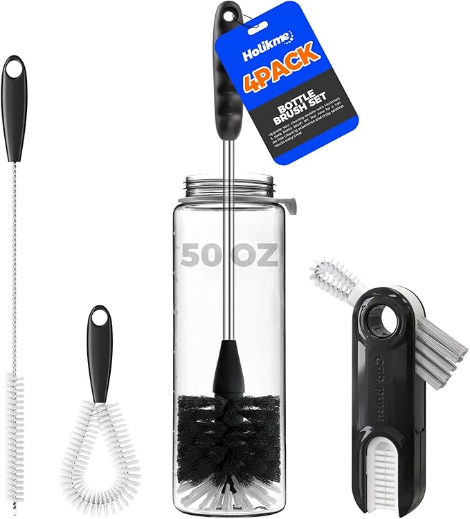 Holikme 4Pack Bottle Brush Set, 14" Long Handle Stainless Steel Bottle Brush, Straw Brushes, Cup Cleaner Brush, 3-in-1 Bottle Cleaning Brush for Water Bottle, Antistatic Lab Brushes, Straws Black