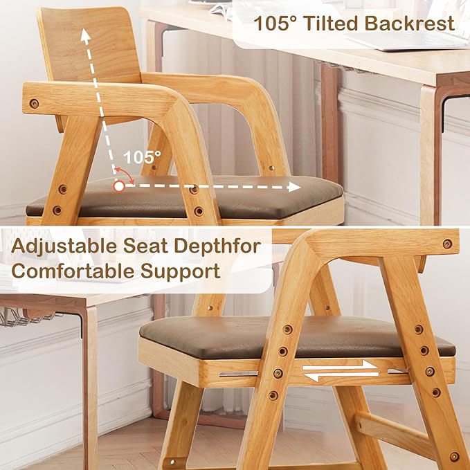 Solid Wood High Chair for Toddlers to Teens, Adjustable Height Toddler Dining Chair, Easy to Clean Toddler Highchair with Removable PU Cushion for Dining, Studying, Step Stool, Natural