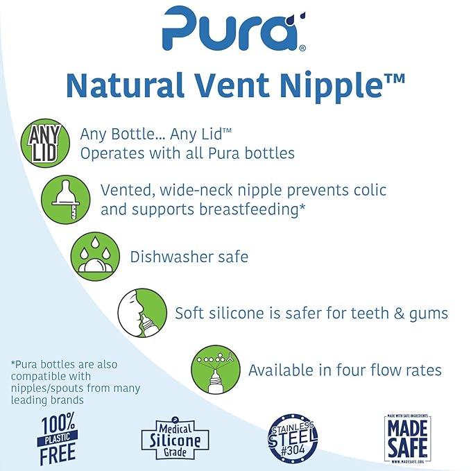 Pura Baby Bottle Nipple Replacement 2-Pack - Medical-Grade Silicone, Anti-Colic, Y-Cut, Plastic Free