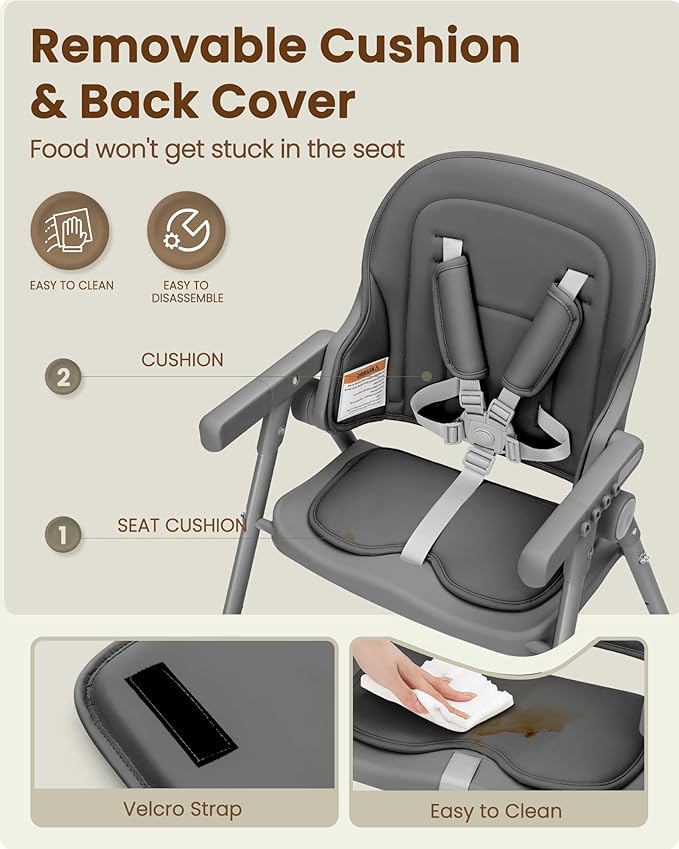 Foldable High Chair for Infants & Toddlers, Adjustable 3-Position Dishwasher-Safe Tray, 5-Point Safety Harness, Space-Saving Design for Dining & Mealtime, Gray